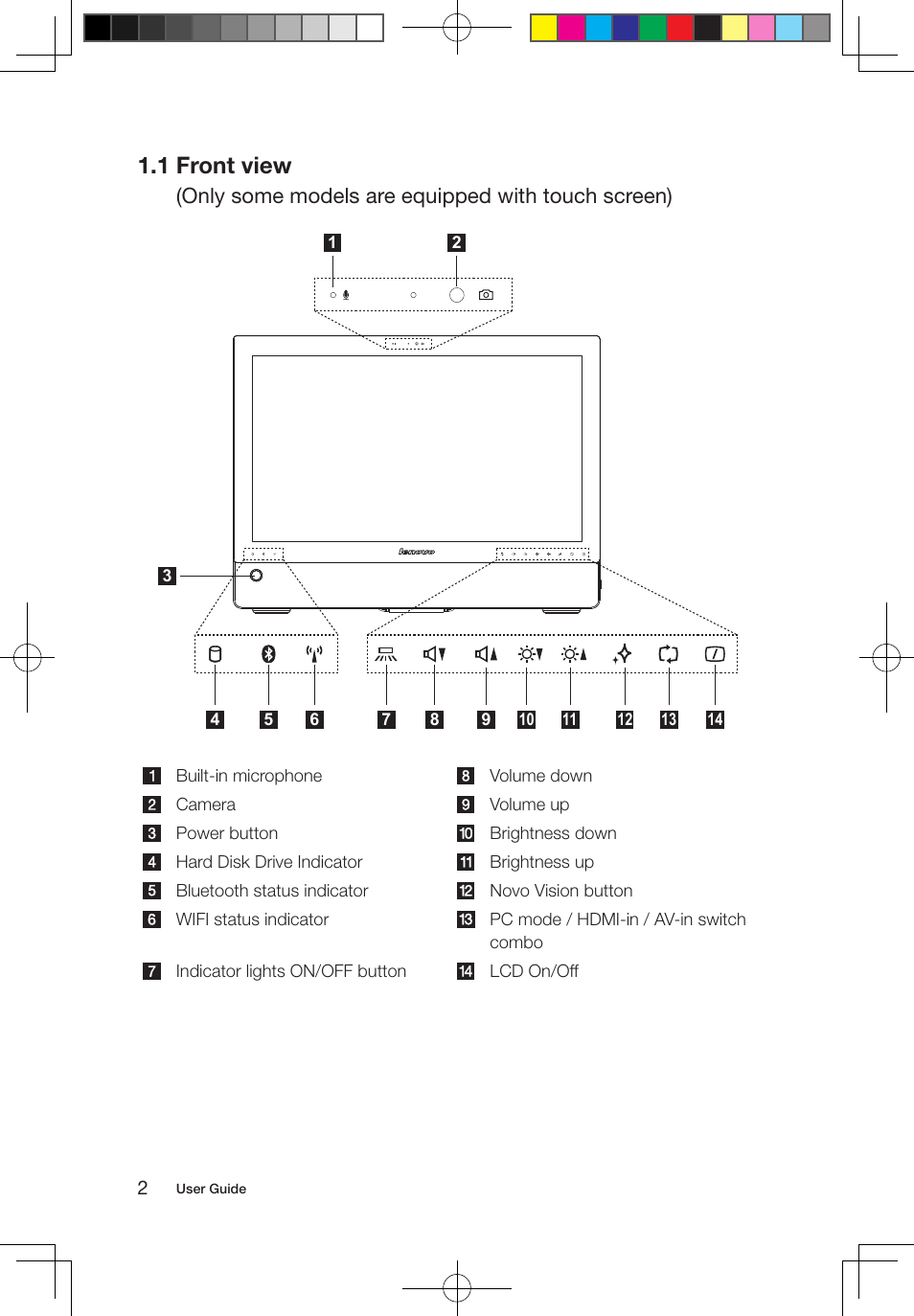 1 front view, Only some models are equipped with touch screen) | Lenovo IdeaCentre A700 User Manual | Page 7 / 67