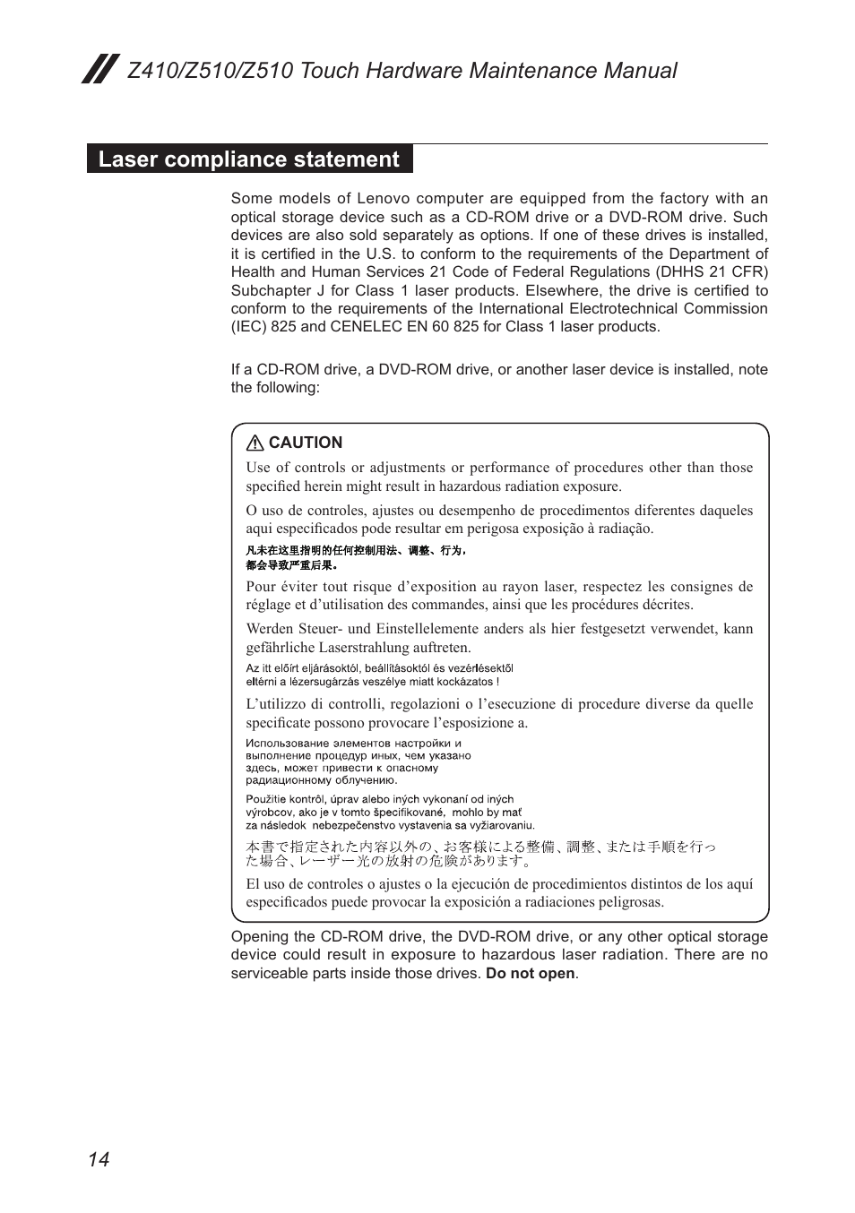 Laser compliance statement | Lenovo IdeaPad Z410 Notebook User Manual | Page 18 / 114