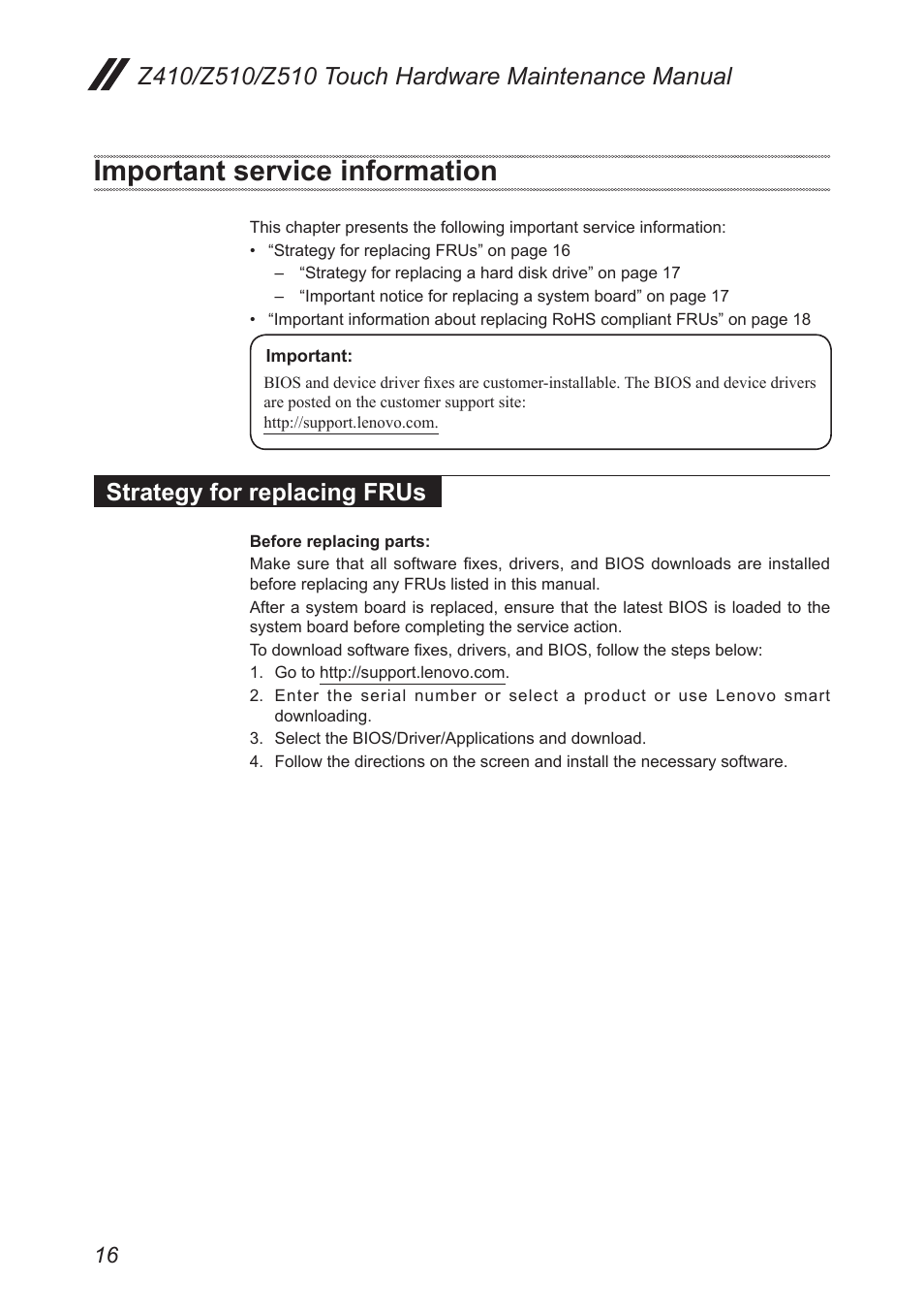 Important service information, Strategy for replacing frus | Lenovo IdeaPad Z410 Notebook User Manual | Page 20 / 114