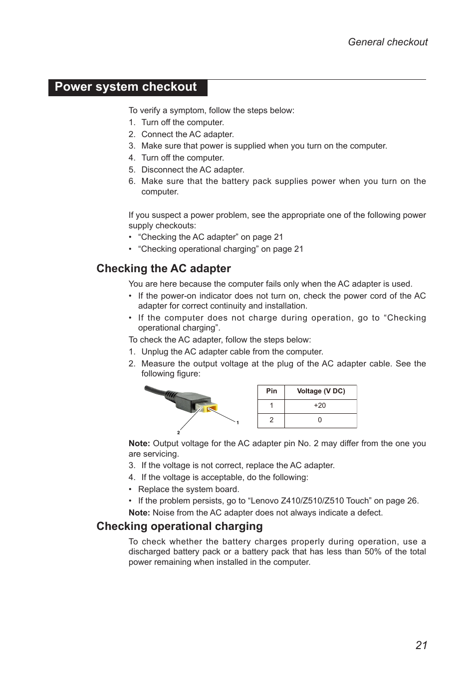Power system checkout, Checking the ac adapter, Checking operational charging | Lenovo IdeaPad Z410 Notebook User Manual | Page 25 / 114