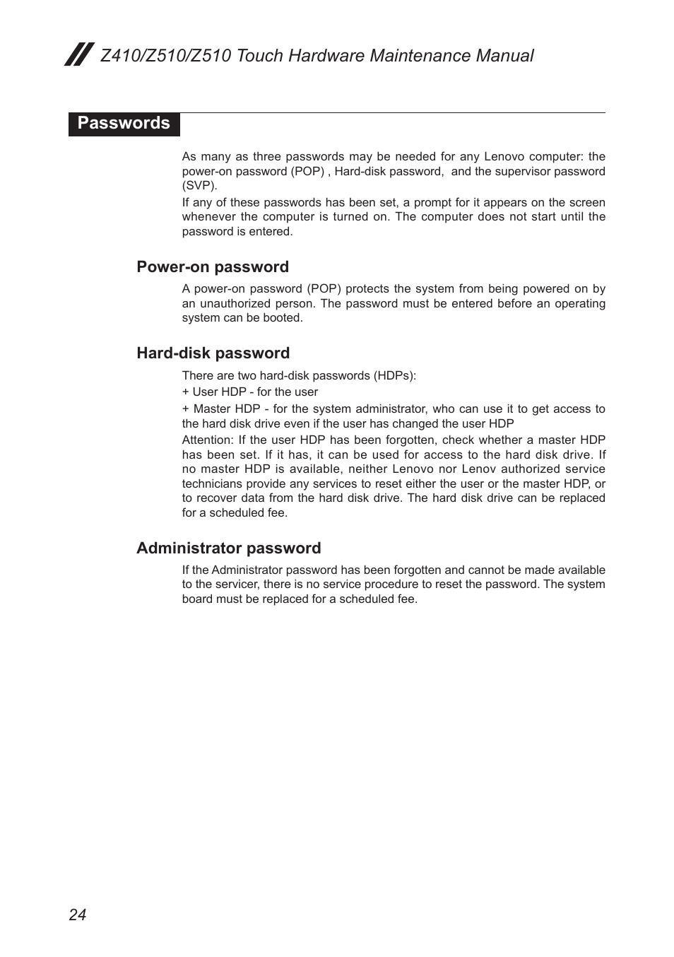 Passwords, Power-on password, Hard-disk password | Administrator password | Lenovo IdeaPad Z410 Notebook User Manual | Page 28 / 114