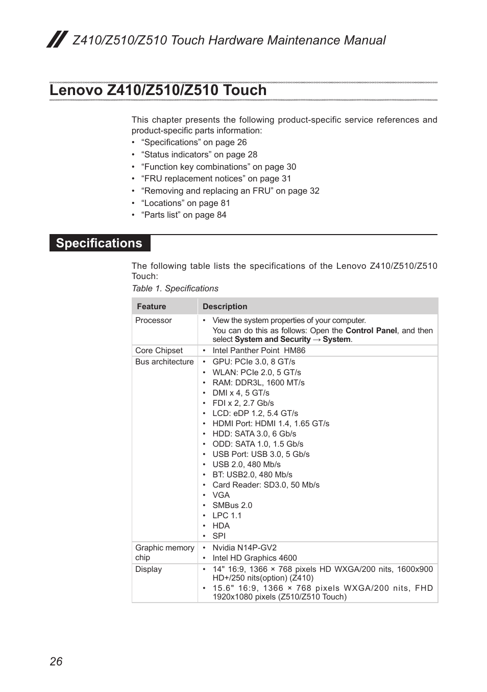 Lenovo z410/z510/z510 touch, Specifications | Lenovo IdeaPad Z410 Notebook User Manual | Page 30 / 114