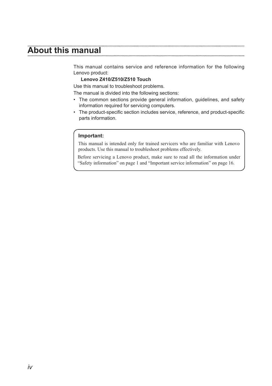 About this manual | Lenovo IdeaPad Z410 Notebook User Manual | Page 4 / 114