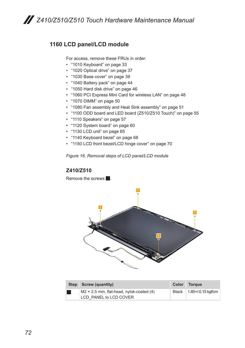 1160 lcd panel/lcd module | Lenovo IdeaPad Z410 Notebook User Manual | Page 76 / 114