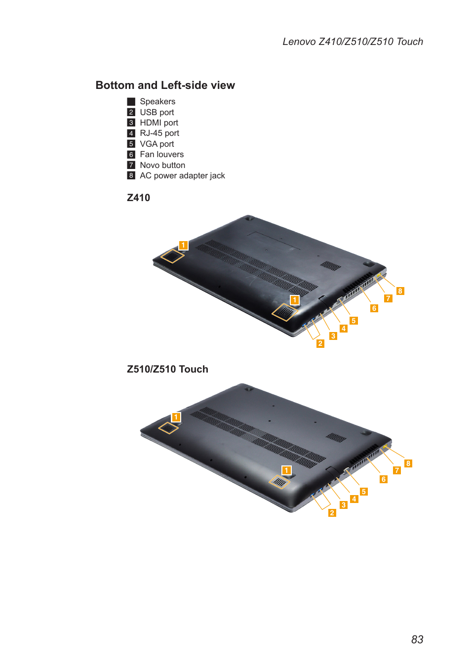 Bottom and left-side view | Lenovo IdeaPad Z410 Notebook User Manual | Page 87 / 114