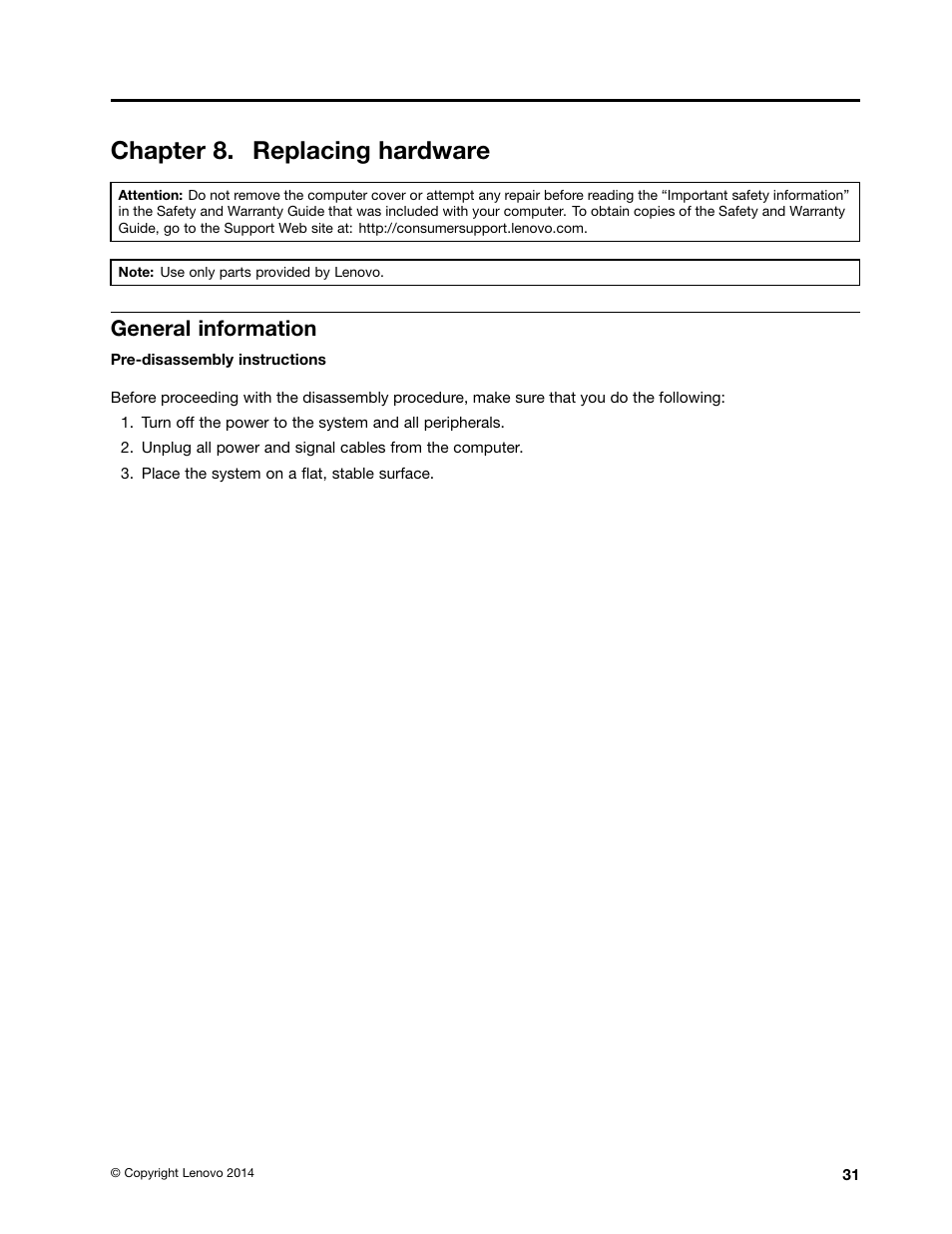 Chapter 8. replacing hardware, General information | Lenovo H50-50 Desktop User Manual | Page 37 / 91