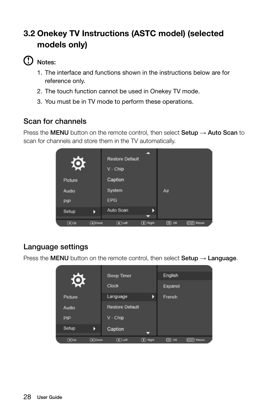 Only), Scan for channels, Language settings | Lenovo IdeaCentre B540 User Manual | Page 33 / 67