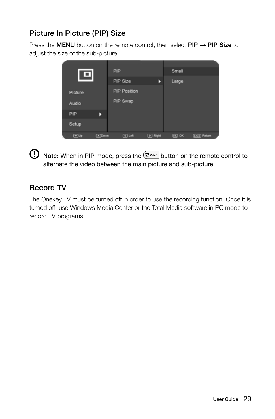 Picture in picture (pip) size, Record tv | Lenovo IdeaCentre B540 User Manual | Page 34 / 67