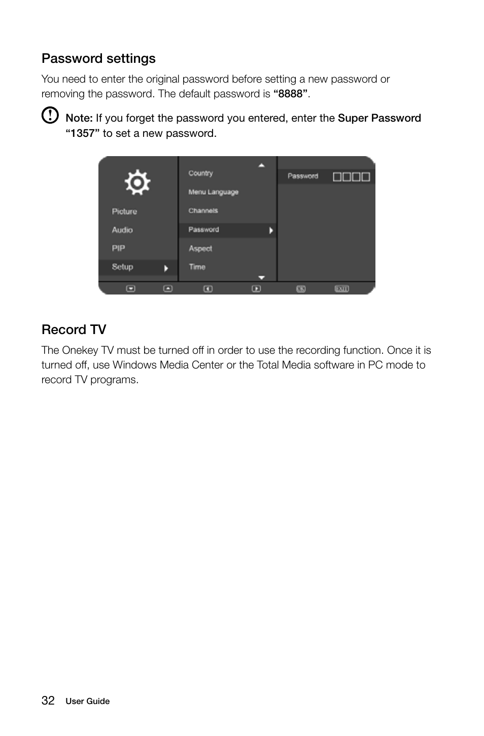Password settings, Record tv | Lenovo IdeaCentre B540 User Manual | Page 37 / 67