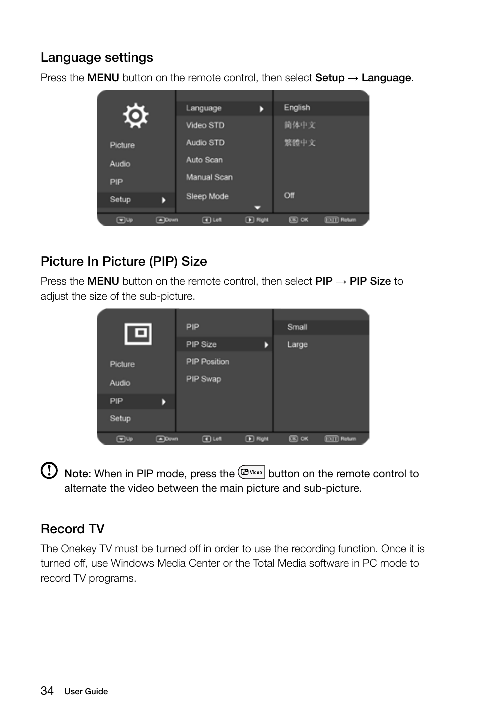 Language settings, Picture in picture (pip) size, Record tv | Lenovo IdeaCentre B540 User Manual | Page 39 / 67