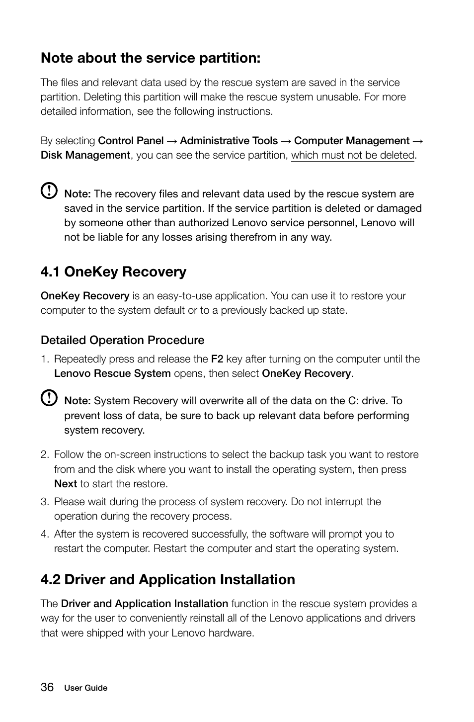 1 onekey recovery, 2 driver and application installation | Lenovo IdeaCentre B540 User Manual | Page 41 / 67