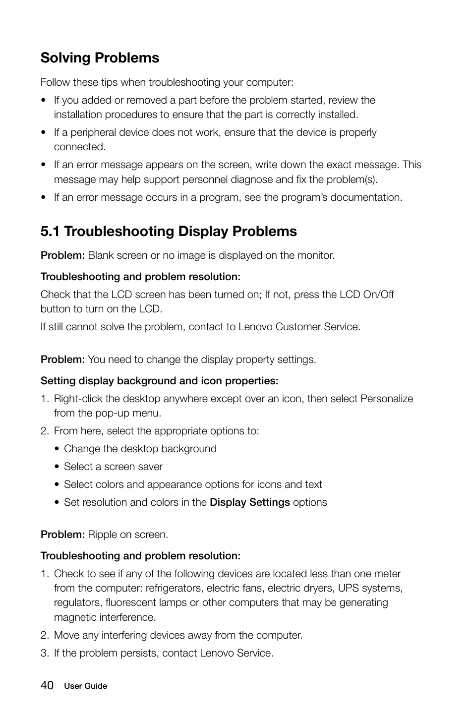 1 troubleshooting display problems, Solving problems | Lenovo IdeaCentre B540 User Manual | Page 45 / 67