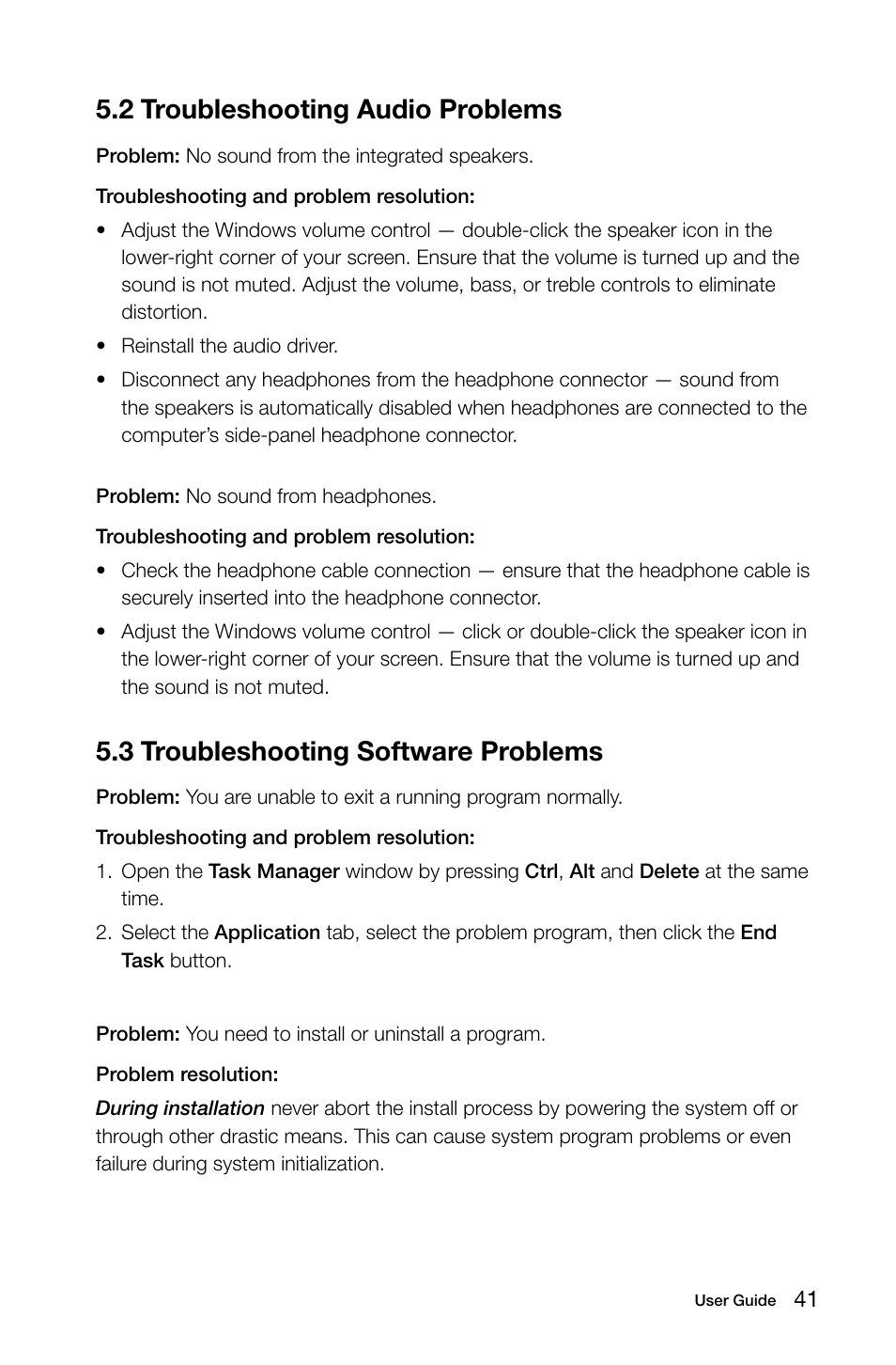 2 troubleshooting audio problems, 3 troubleshooting software problems | Lenovo IdeaCentre B540 User Manual | Page 46 / 67