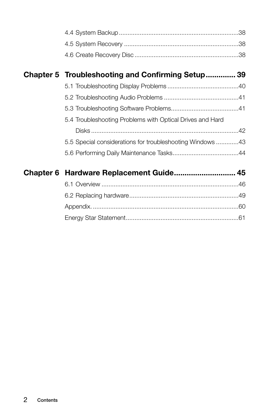 Chapter 5 troubleshooting and confirming setup, Chapter 6 hardware replacement guide | Lenovo IdeaCentre B540 User Manual | Page 5 / 67