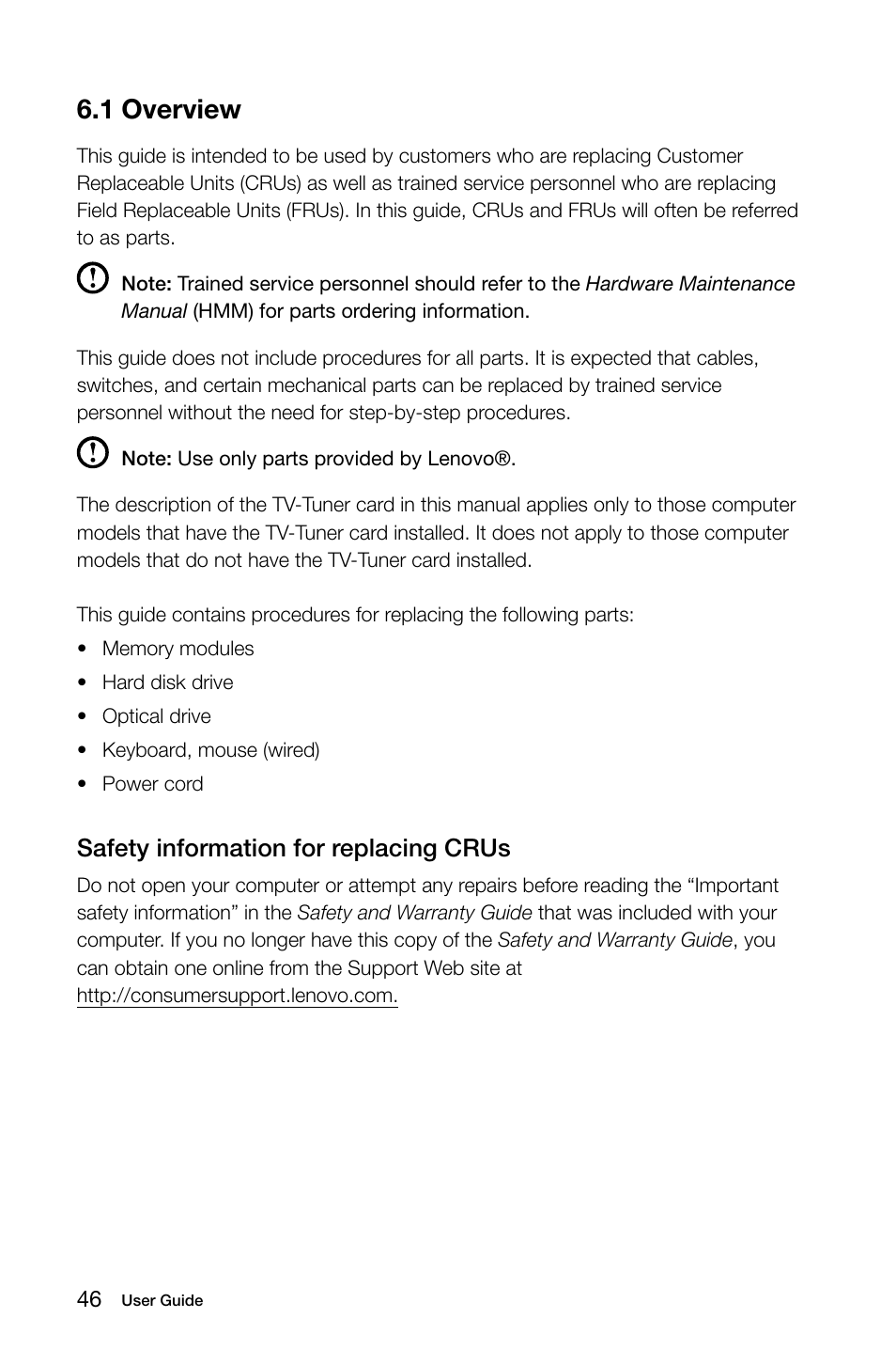 1 overview, Safety information for replacing crus | Lenovo IdeaCentre B540 User Manual | Page 51 / 67