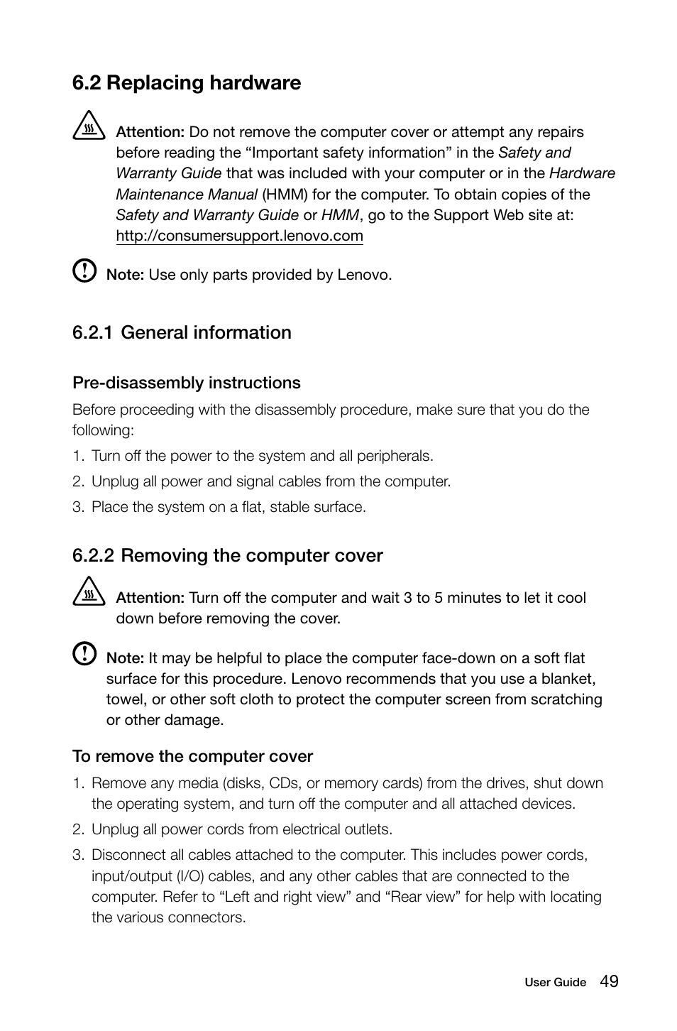 2 replacing hardware, 1 general information, 2 removing the computer cover | Lenovo IdeaCentre B540 User Manual | Page 54 / 67