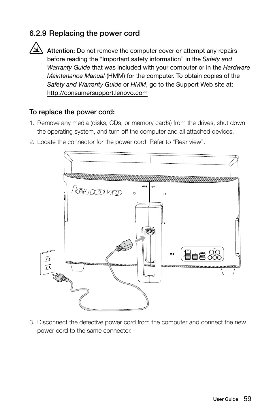 9 replacing the power cord | Lenovo IdeaCentre B540 User Manual | Page 64 / 67