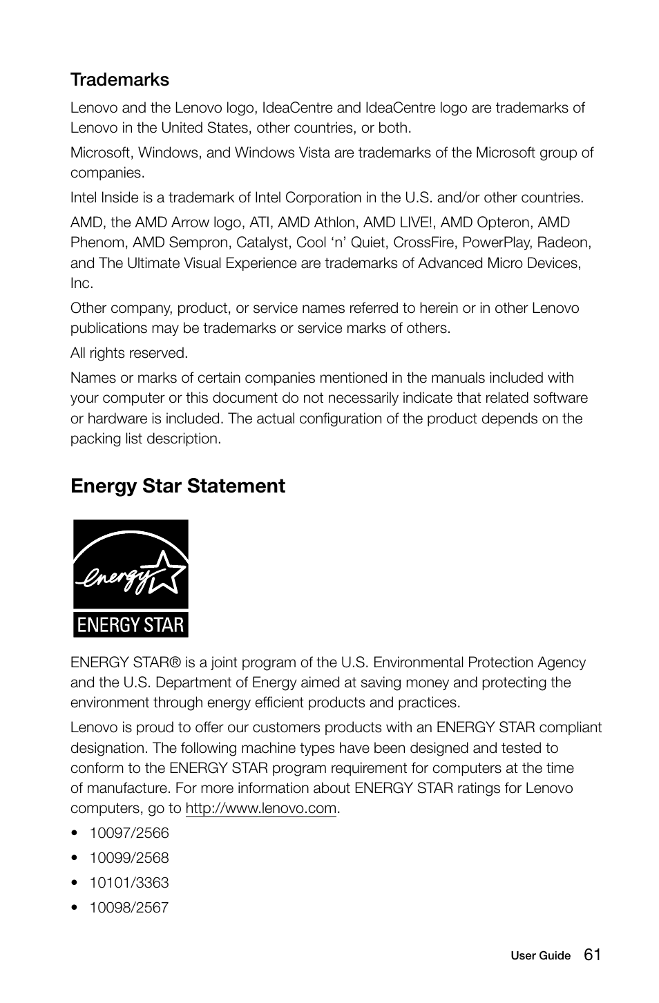 Energy star statement | Lenovo IdeaCentre B540 User Manual | Page 66 / 67