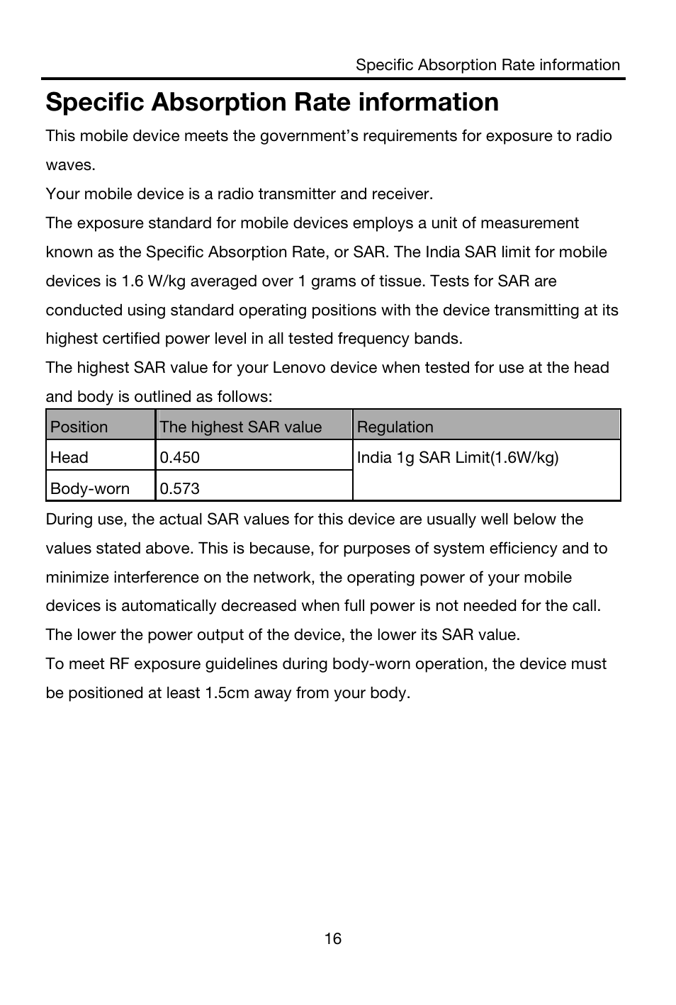 Specific absorption rate information | Lenovo A859 Smartphone Lenovo User Manual | Page 18 / 20