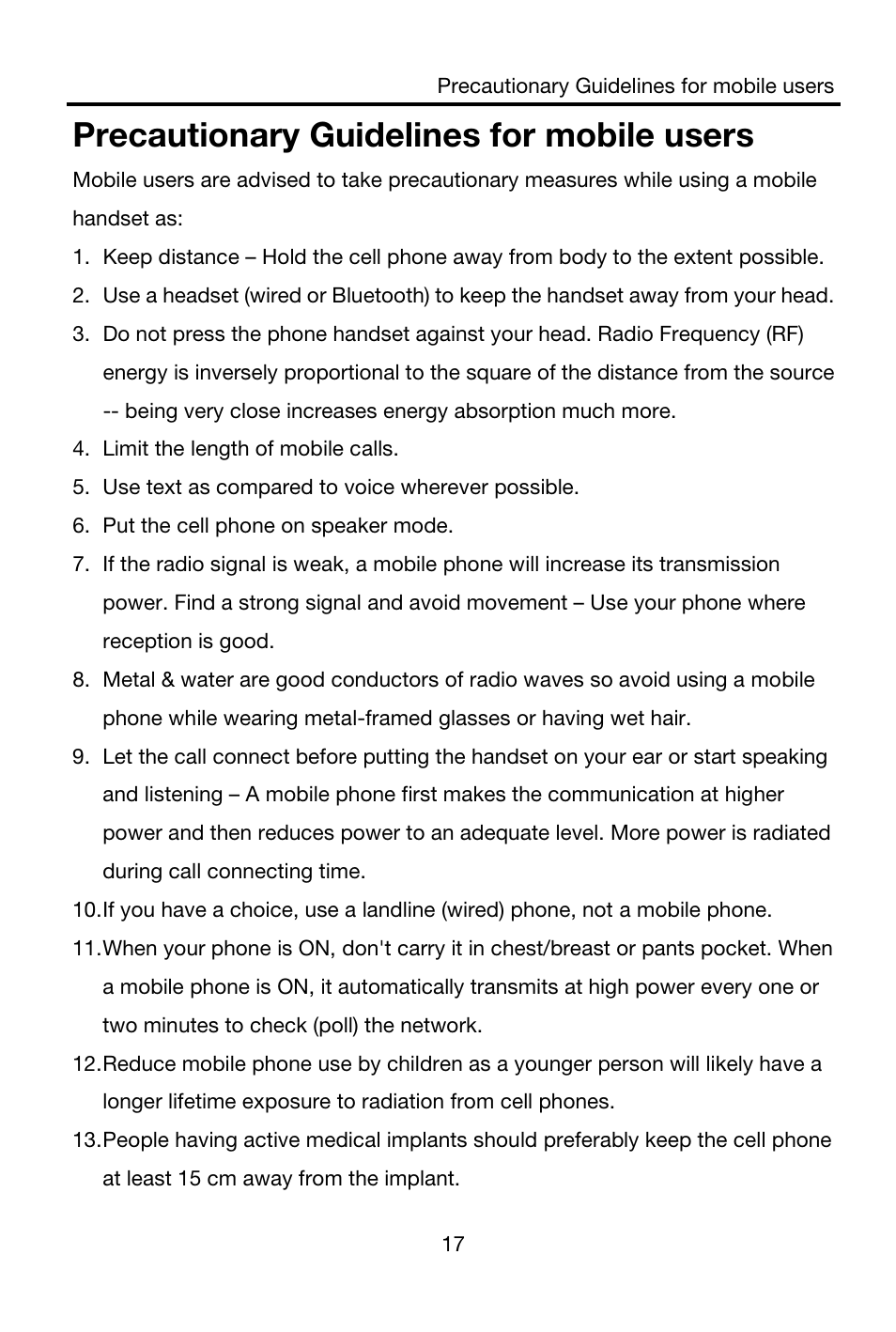 Precautionary guidelines for mobile users | Lenovo A859 Smartphone Lenovo User Manual | Page 19 / 20