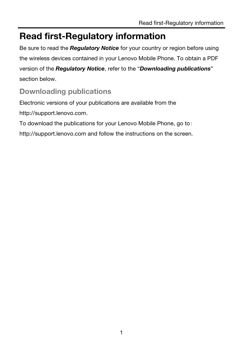 Read first-regulatory information, Downloading publications | Lenovo A859 Smartphone Lenovo User Manual | Page 3 / 20