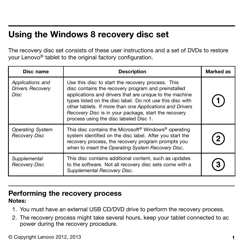 Using the windows 8 recovery disc set, Performing the recovery process | Lenovo ThinkPad Tablet 2 User Manual | Page 3 / 8
