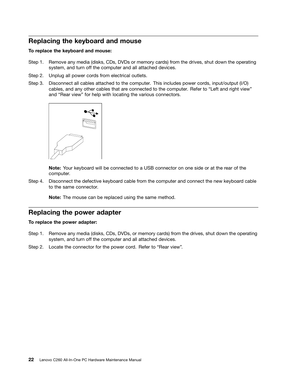 Replacing the keyboard and mouse, Replacing the power adapter | Lenovo C260 Touch All In One User Manual | Page 28 / 51