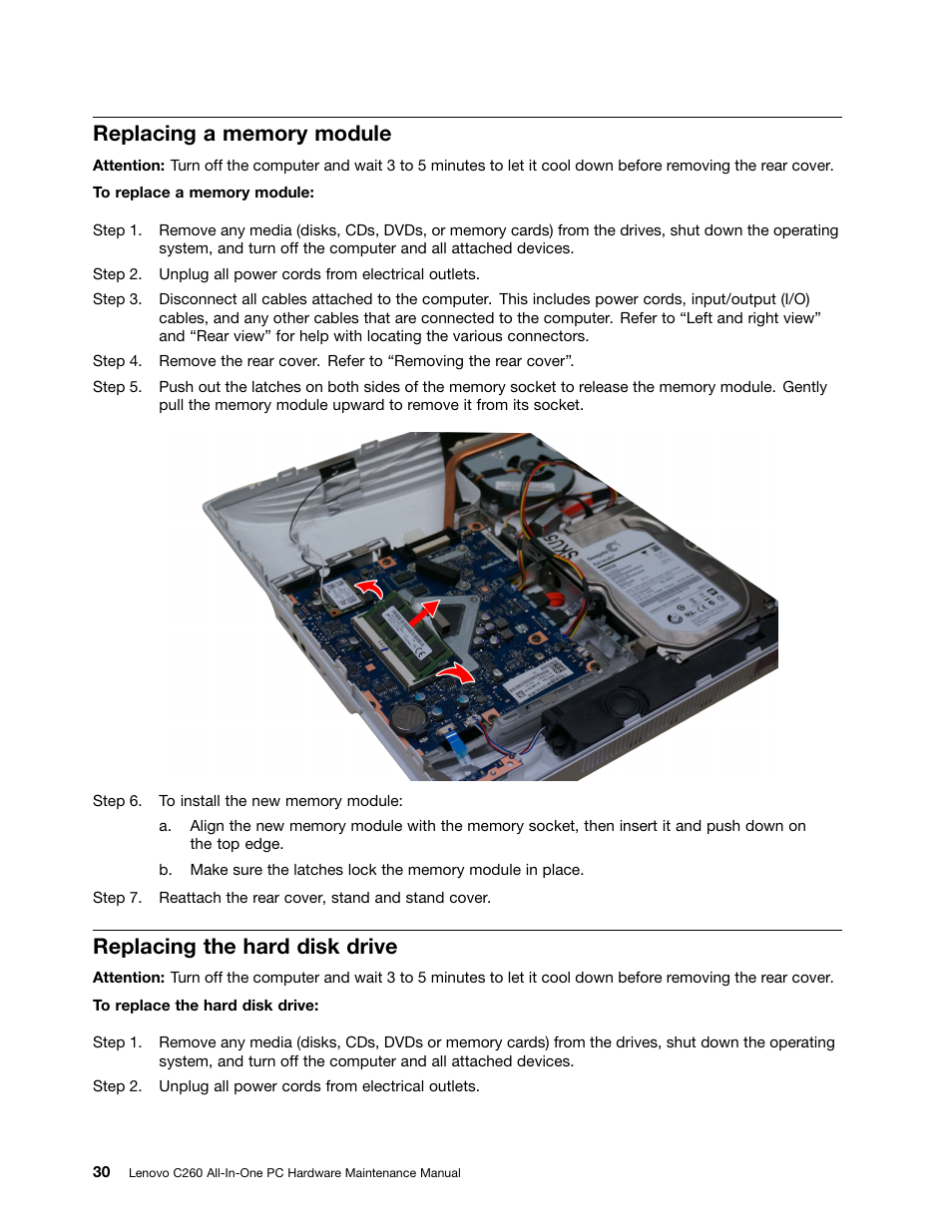 Replacing a memory module, Replacing the hard disk drive | Lenovo C260 Touch All In One User Manual | Page 36 / 51