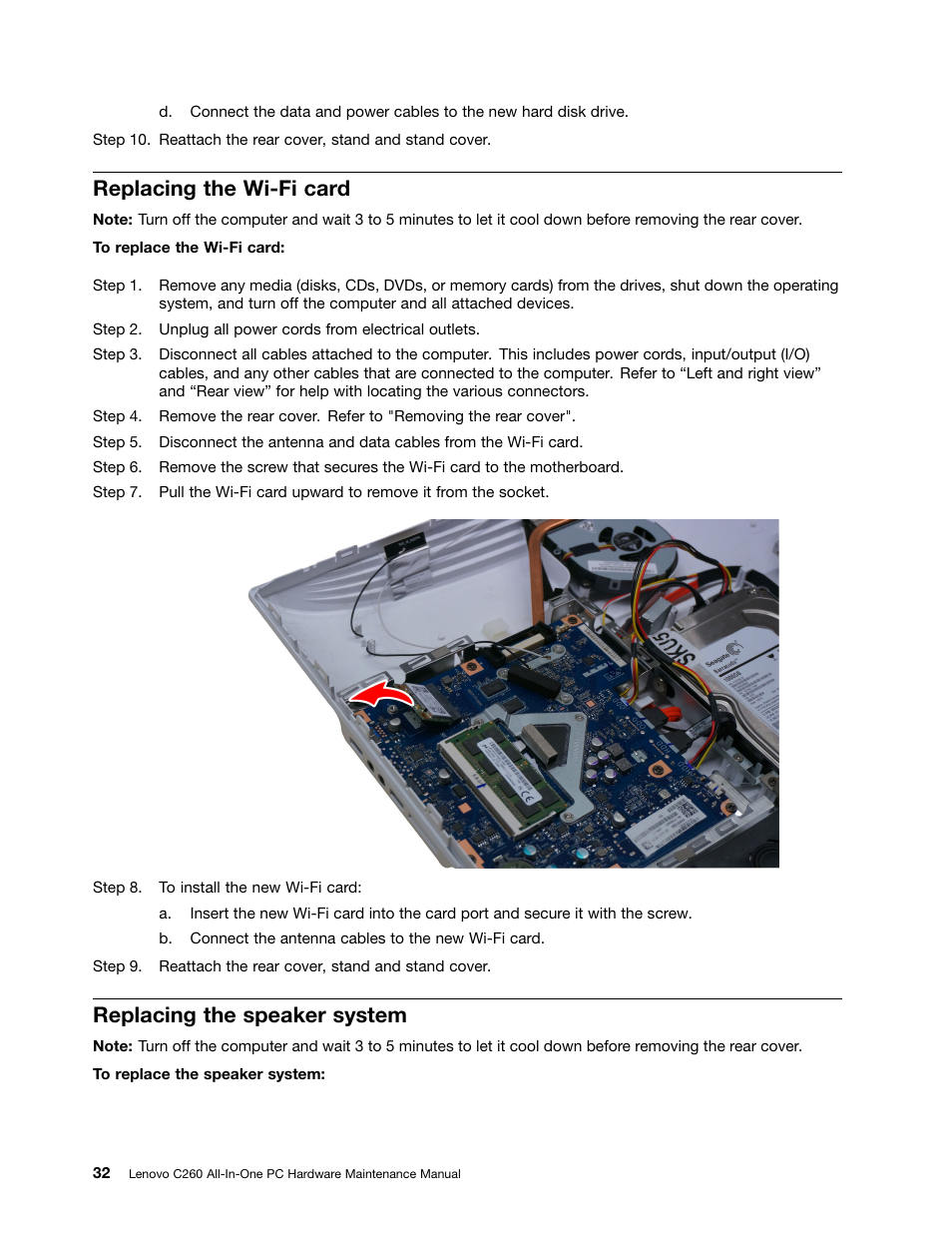 Replacing the wi-fi card, Replacing the speaker system | Lenovo C260 Touch All In One User Manual | Page 38 / 51