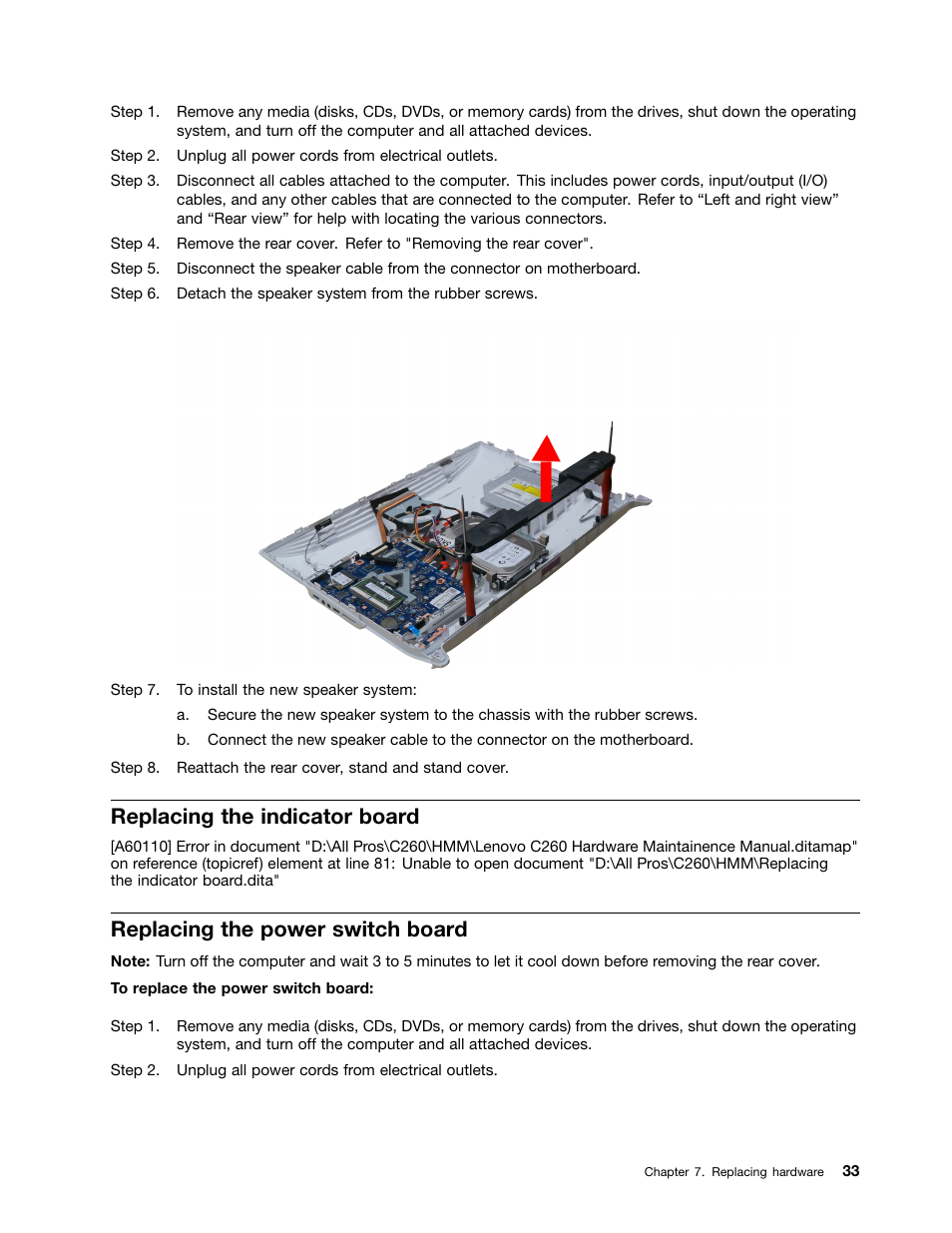 Replacing the indicator board, Replacing the power switch board | Lenovo C260 Touch All In One User Manual | Page 39 / 51