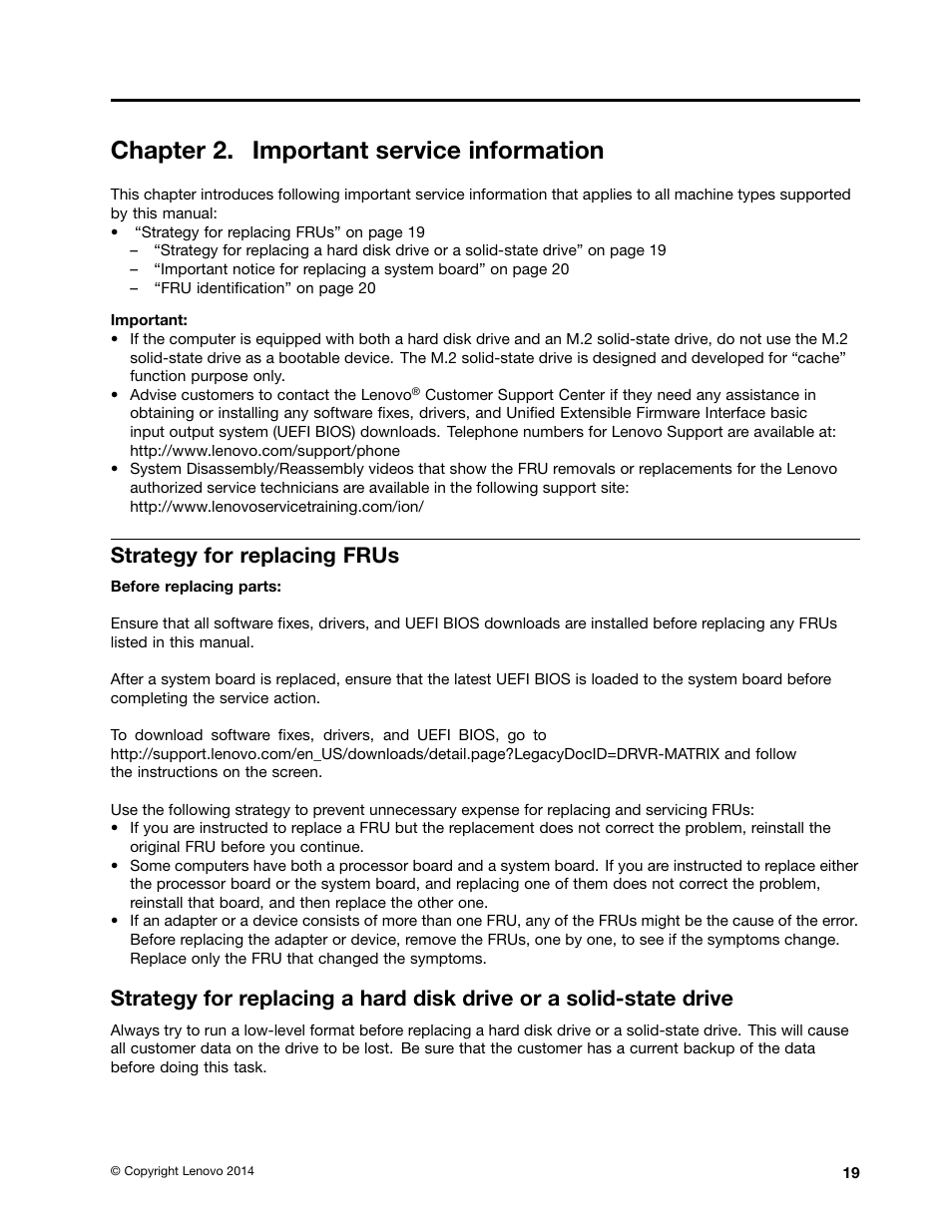 Chapter 2. important service information, Strategy for replacing frus | Lenovo E40-70 Notebook User Manual | Page 25 / 90