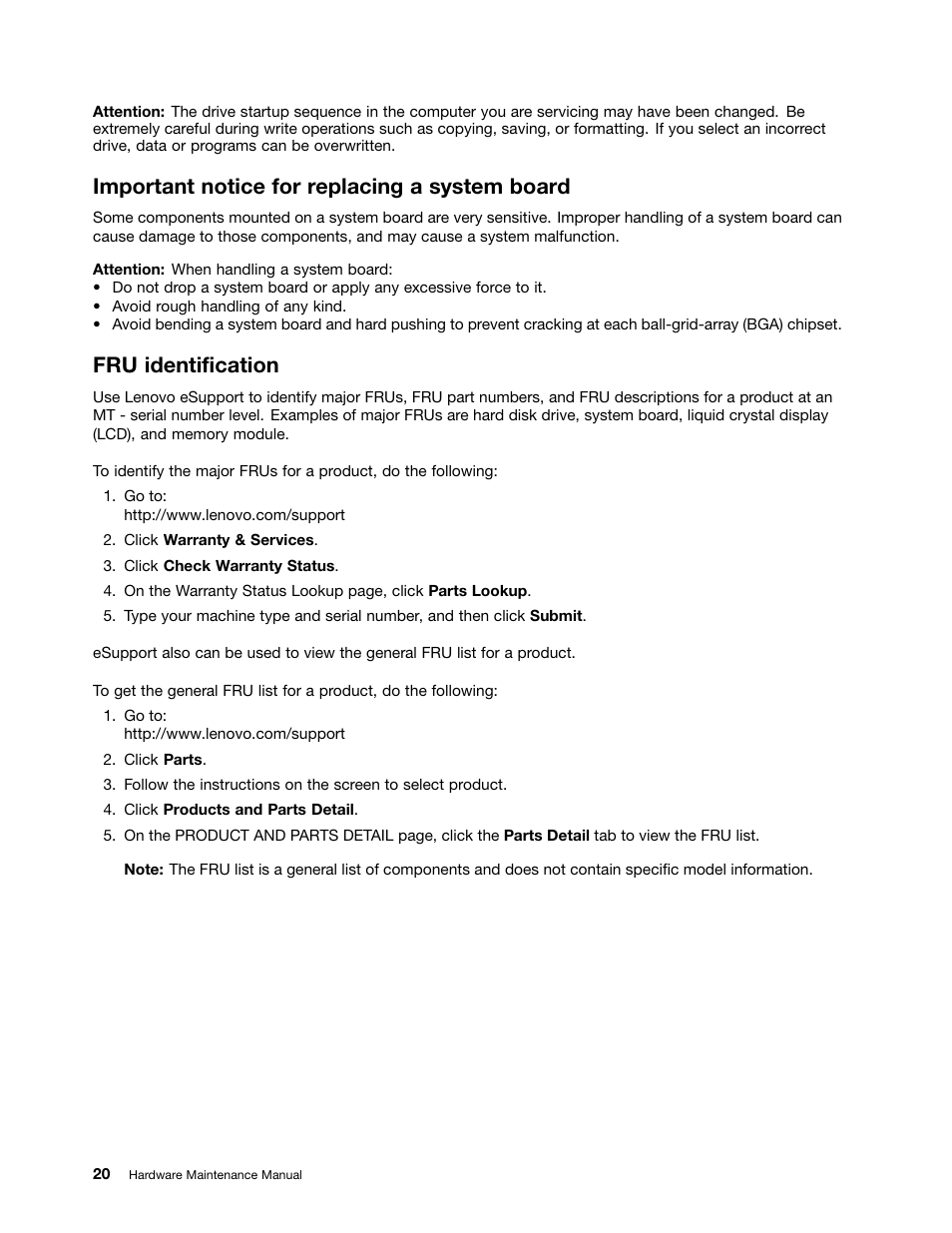 Important notice for replacing a system board, Fru identification | Lenovo E40-70 Notebook User Manual | Page 26 / 90