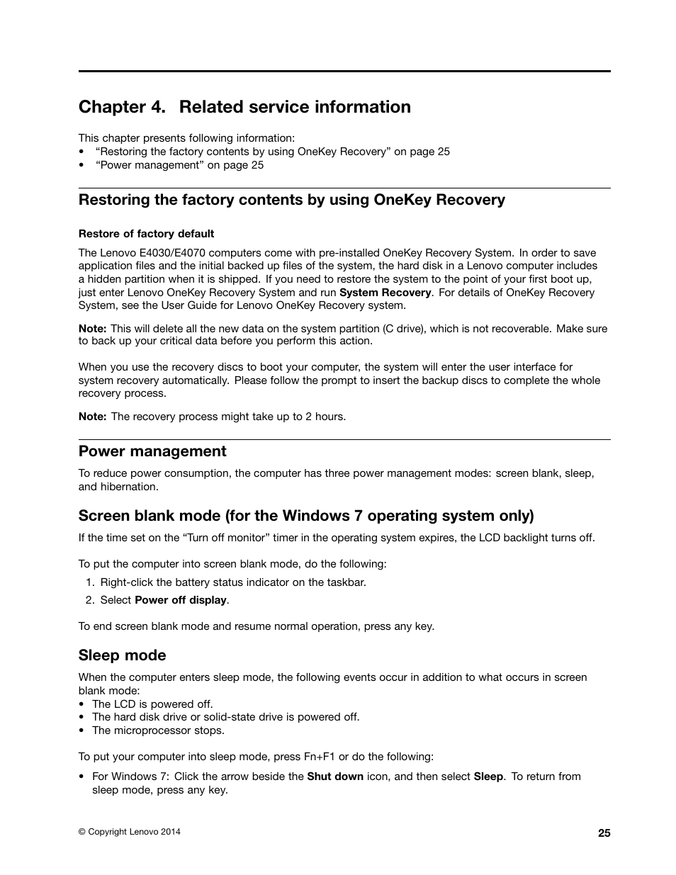 Chapter 4. related service information, Power management, Sleep mode | Lenovo E40-70 Notebook User Manual | Page 31 / 90