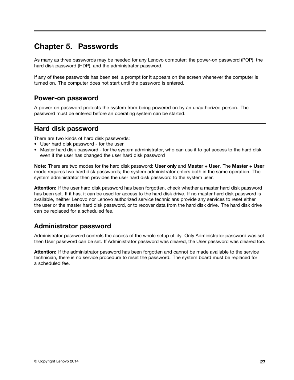 Chapter 5. passwords, Power-on password, Hard disk password | Administrator password | Lenovo E40-70 Notebook User Manual | Page 33 / 90