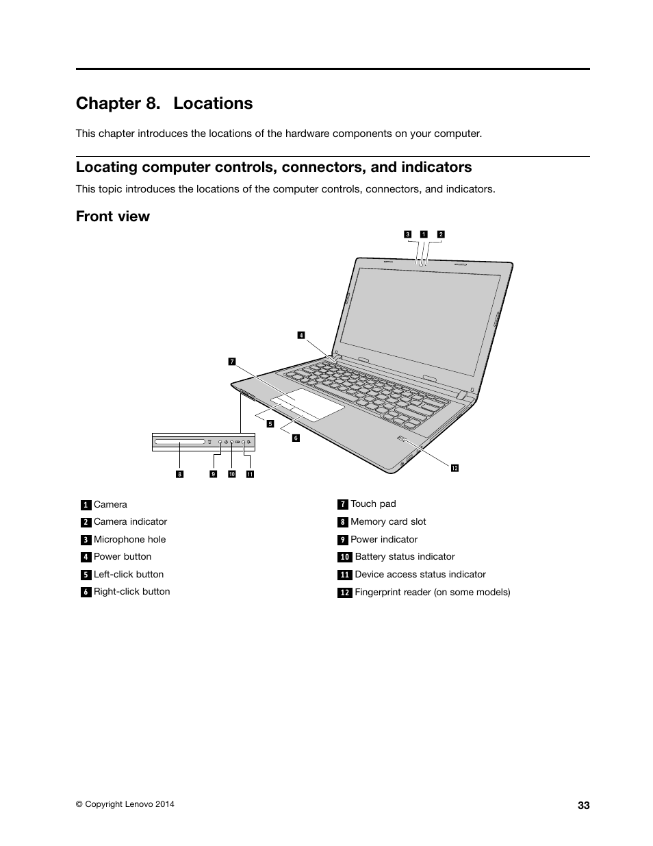 Chapter 8. locations, Front view | Lenovo E40-70 Notebook User Manual | Page 39 / 90
