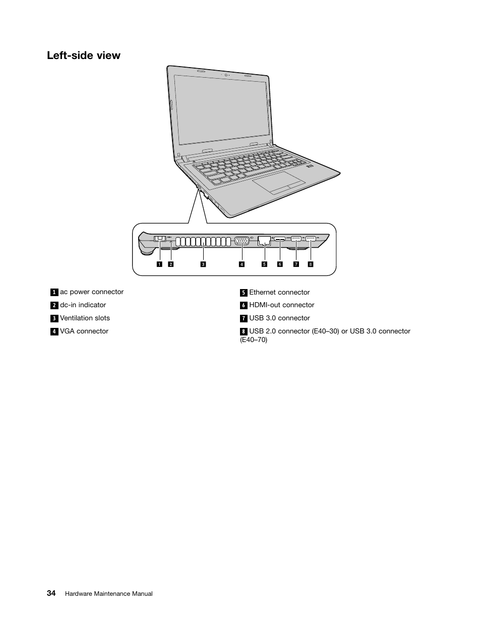 Left-side view | Lenovo E40-70 Notebook User Manual | Page 40 / 90