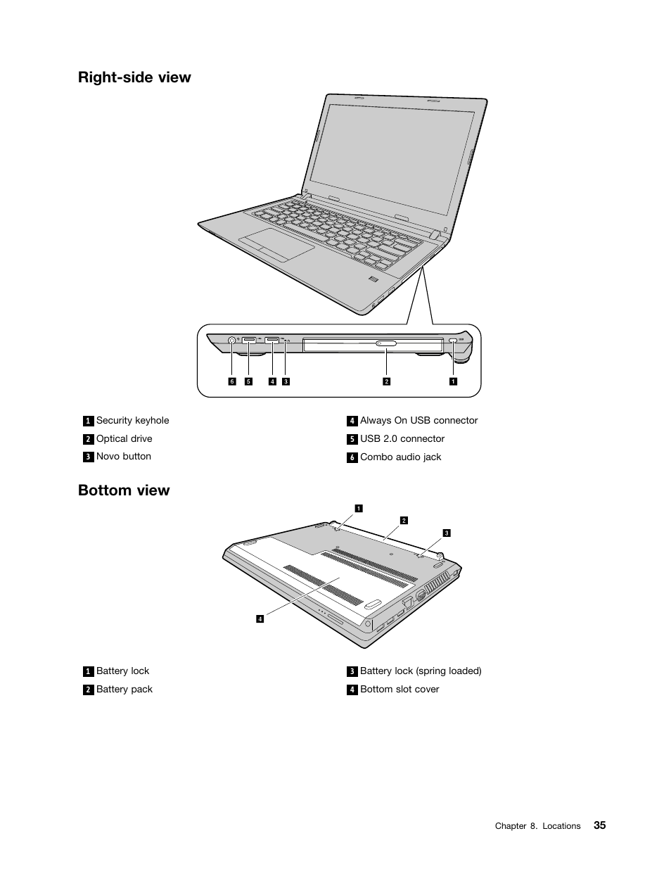 Right-side view, Bottom view | Lenovo E40-70 Notebook User Manual | Page 41 / 90