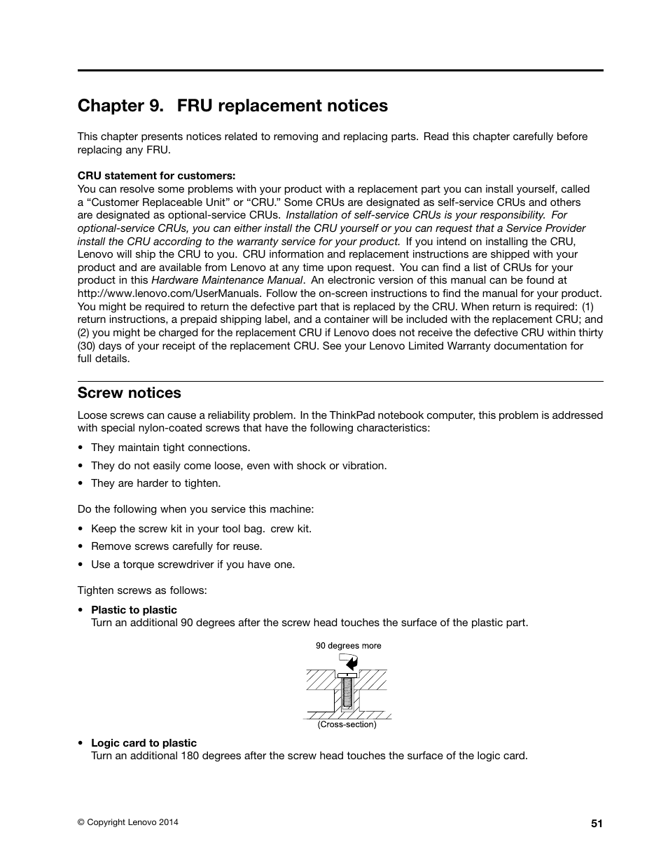 Chapter 9. fru replacement notices, Screw notices | Lenovo E40-70 Notebook User Manual | Page 57 / 90