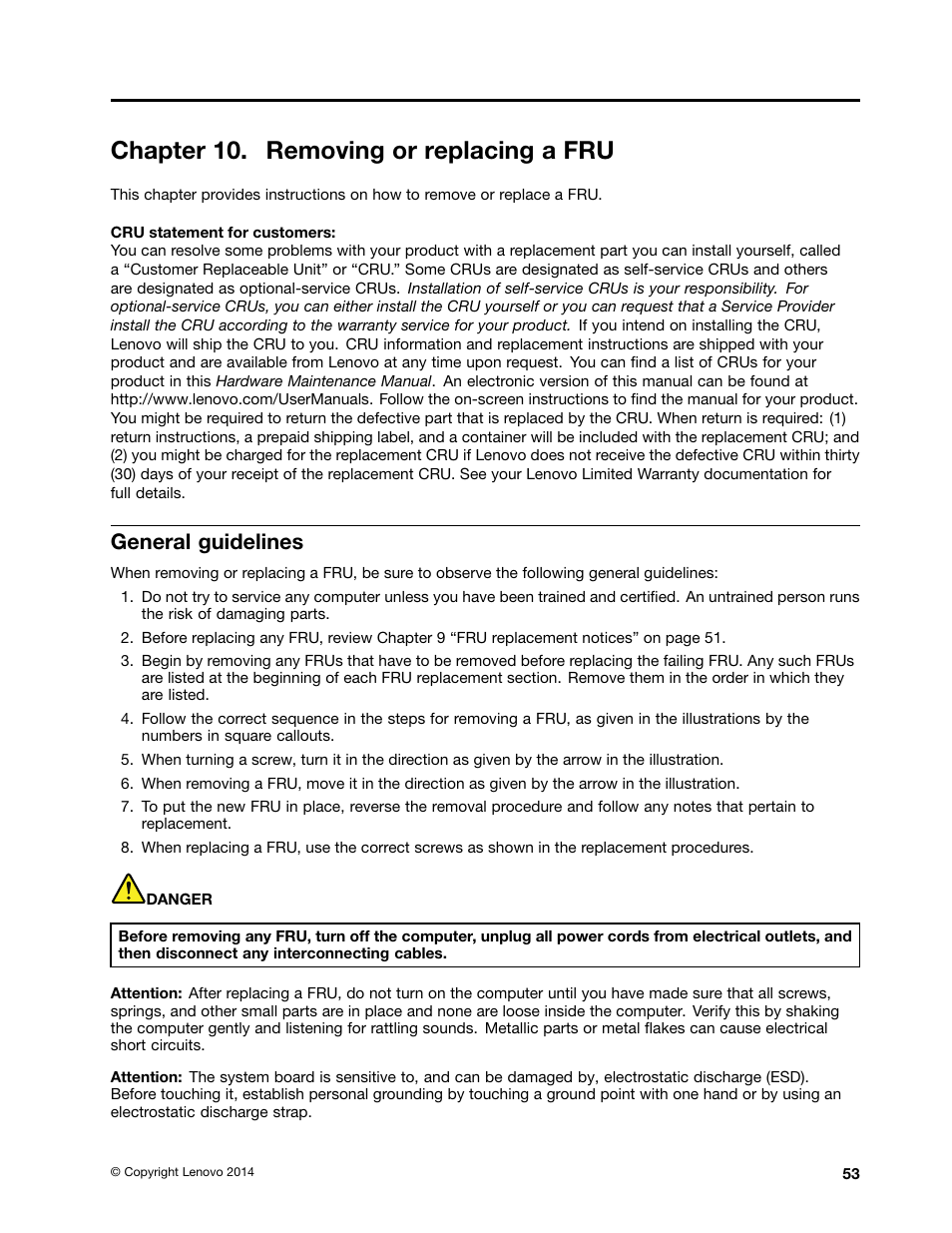 Chapter 10. removing or replacing a fru, General guidelines | Lenovo E40-70 Notebook User Manual | Page 59 / 90