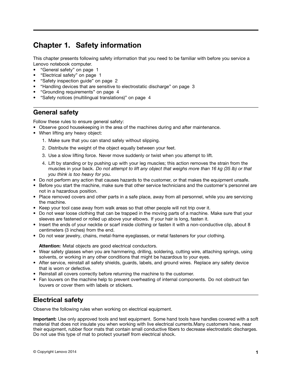 Chapter 1. safety information, General safety, Electrical safety | Lenovo E40-70 Notebook User Manual | Page 7 / 90