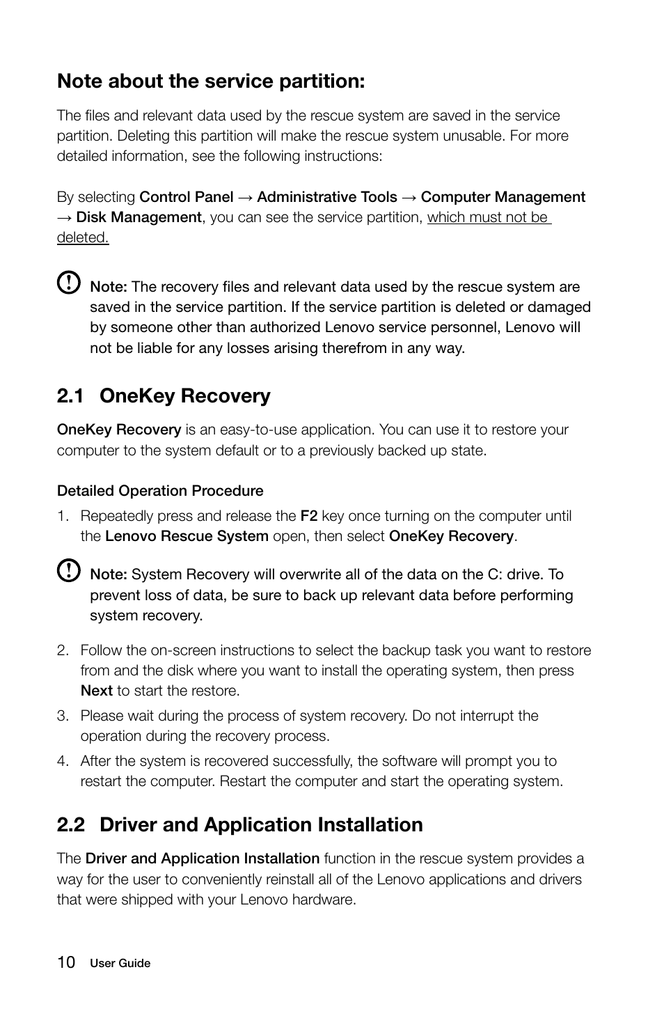 1 onekey recovery, 2 driver and application installation | Lenovo H520s Desktop User Manual | Page 15 / 43