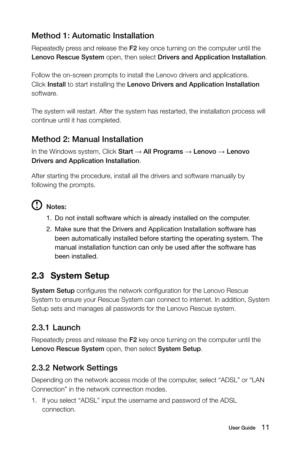 3 system setup, Method 1: automatic installation, Method 2: manual installation | 1 launch, 2 network settings | Lenovo H520s Desktop User Manual | Page 16 / 43