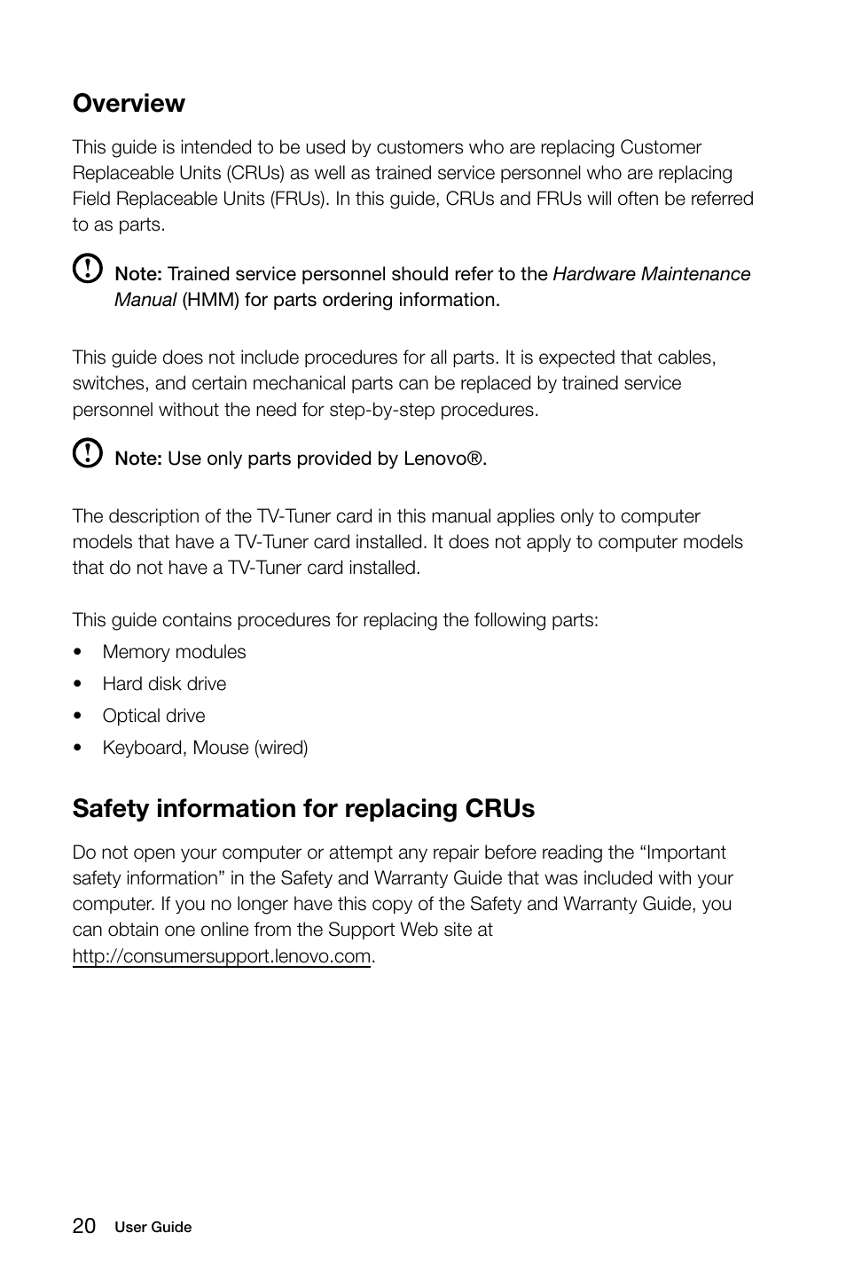 Overview, Safety information for replacing crus | Lenovo H520s Desktop User Manual | Page 25 / 43