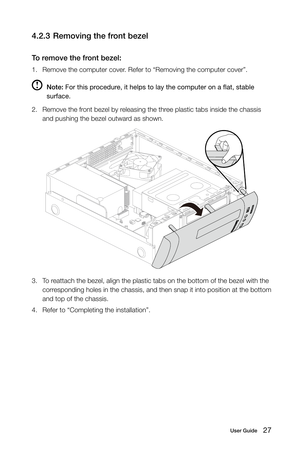 3 removing the front bezel | Lenovo H520s Desktop User Manual | Page 32 / 43