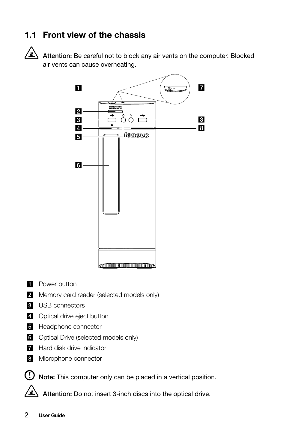 1 front view of the chassis | Lenovo H520s Desktop User Manual | Page 7 / 43