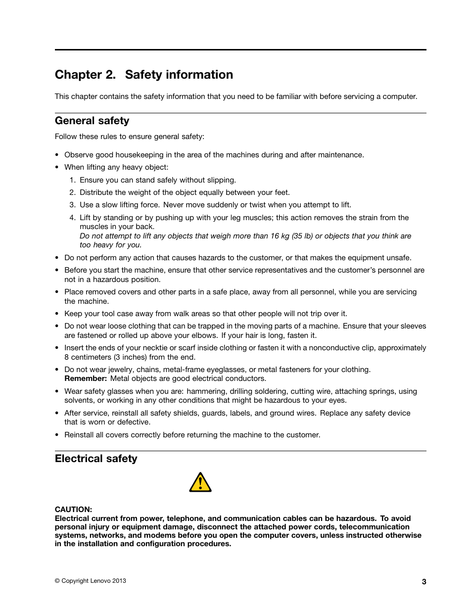 Chapter 2. safety information, General safety, Electrical safety | Lenovo H530s Desktop User Manual | Page 9 / 59