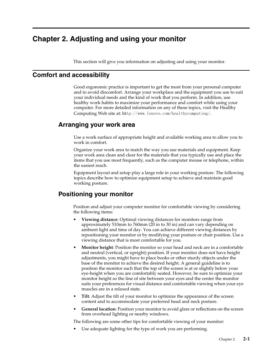 Chapter 2. adjusting and using your monitor, Comfort and accessibility, Arranging your work area | Positioning your monitor, Chapter 2. adjusting and using your monitor -1, Comfort and accessibility -1, Arranging your work area -1, Positioning and viewing your monitor -1 | Lenovo L2361p Wide Flat Panel Monitor User Manual | Page 13 / 33
