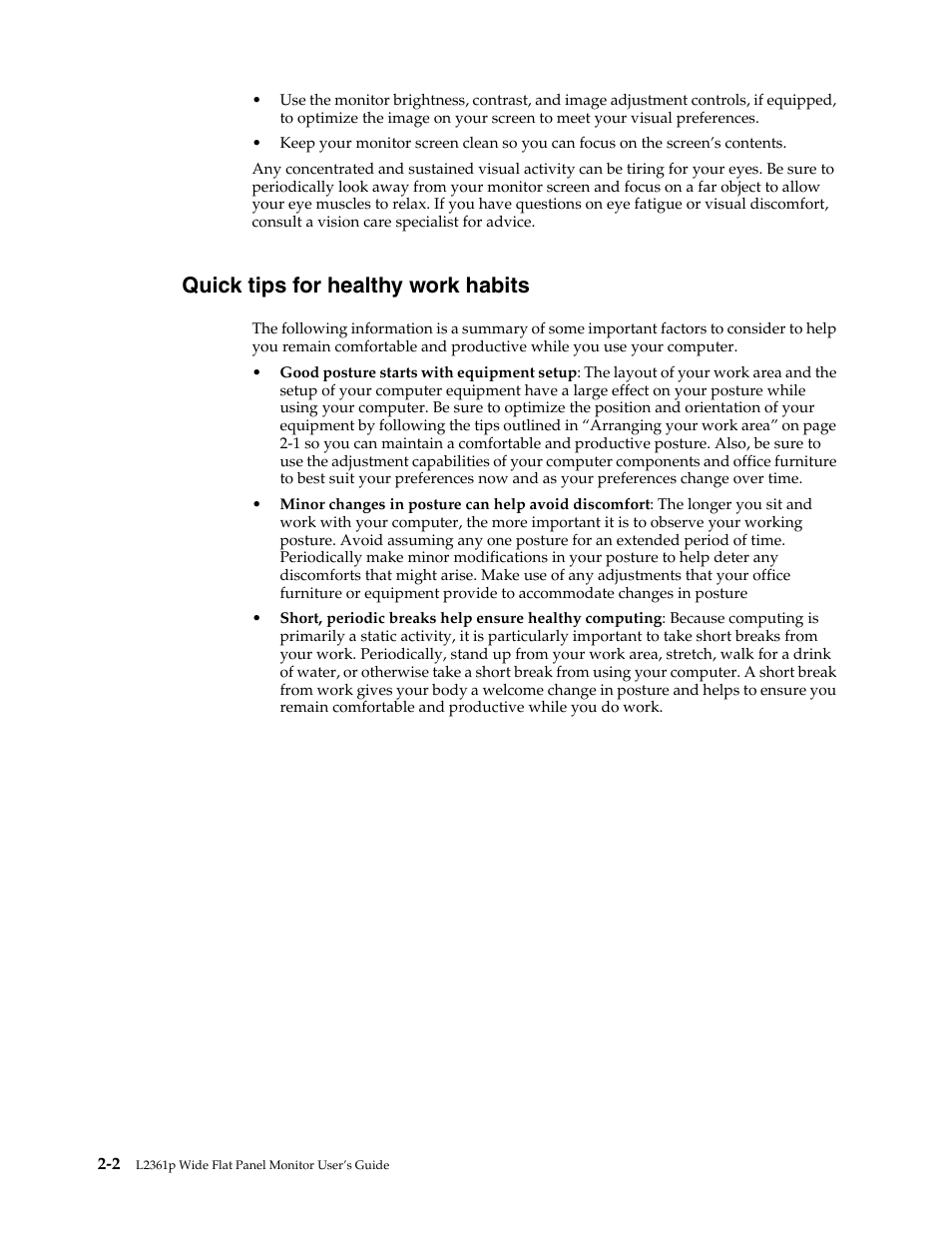 Quick tips for healthy work habits, Quick tips for healthy work habits -2 | Lenovo L2361p Wide Flat Panel Monitor User Manual | Page 14 / 33