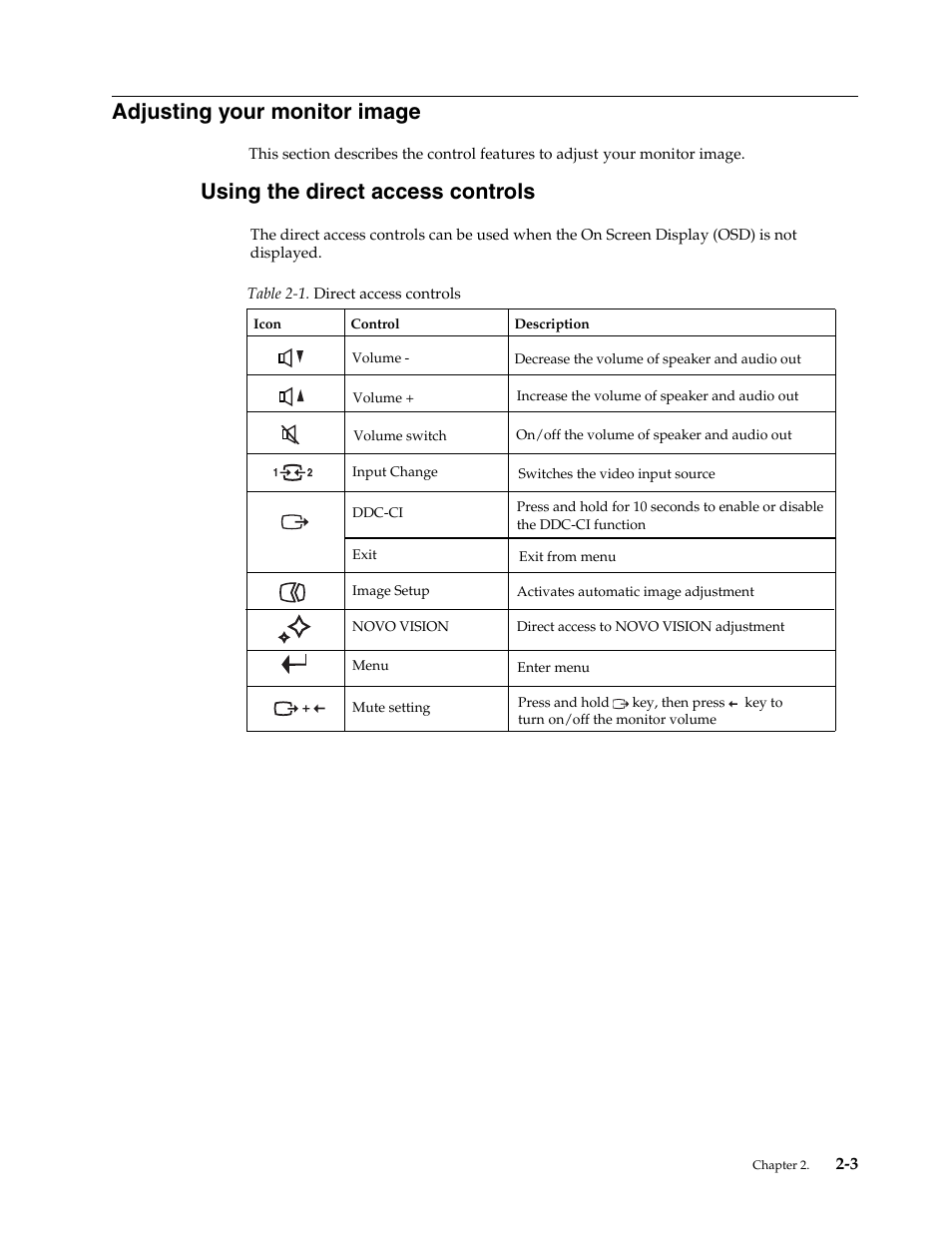 Adjusting your monitor image, Using the direct access controls, Adjusting your monitor image -3 | Using the direct access controls -3 | Lenovo L2361p Wide Flat Panel Monitor User Manual | Page 15 / 33