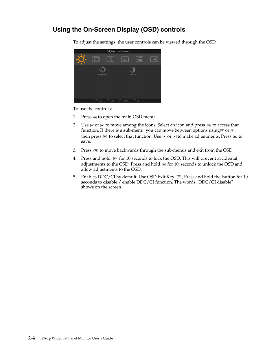 Using the on-screen display (osd) controls, Using the on-screen display (osd) controls -4 | Lenovo L2361p Wide Flat Panel Monitor User Manual | Page 16 / 33